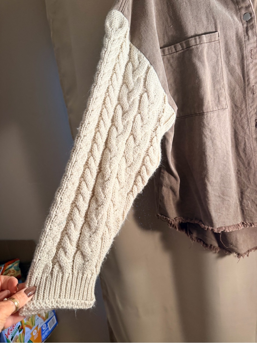 POL Brown Button-Up Shirt with Cream Cable-Knit Sleeves - Picture 5 of 5